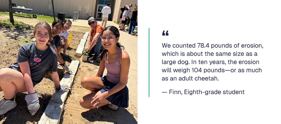 Finn's quote next to a photo of students laying pavers to improve erosion at Gorzycki Middle School.