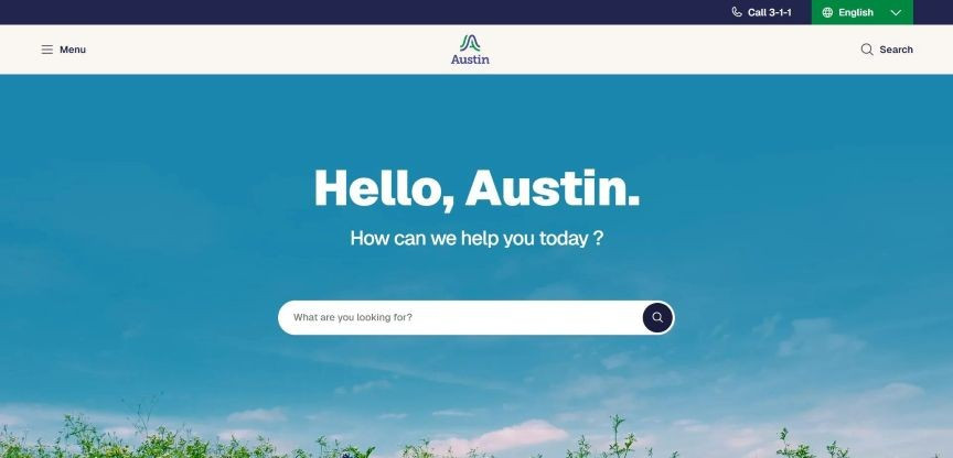 Screenshot of the new City of Austin website homepage