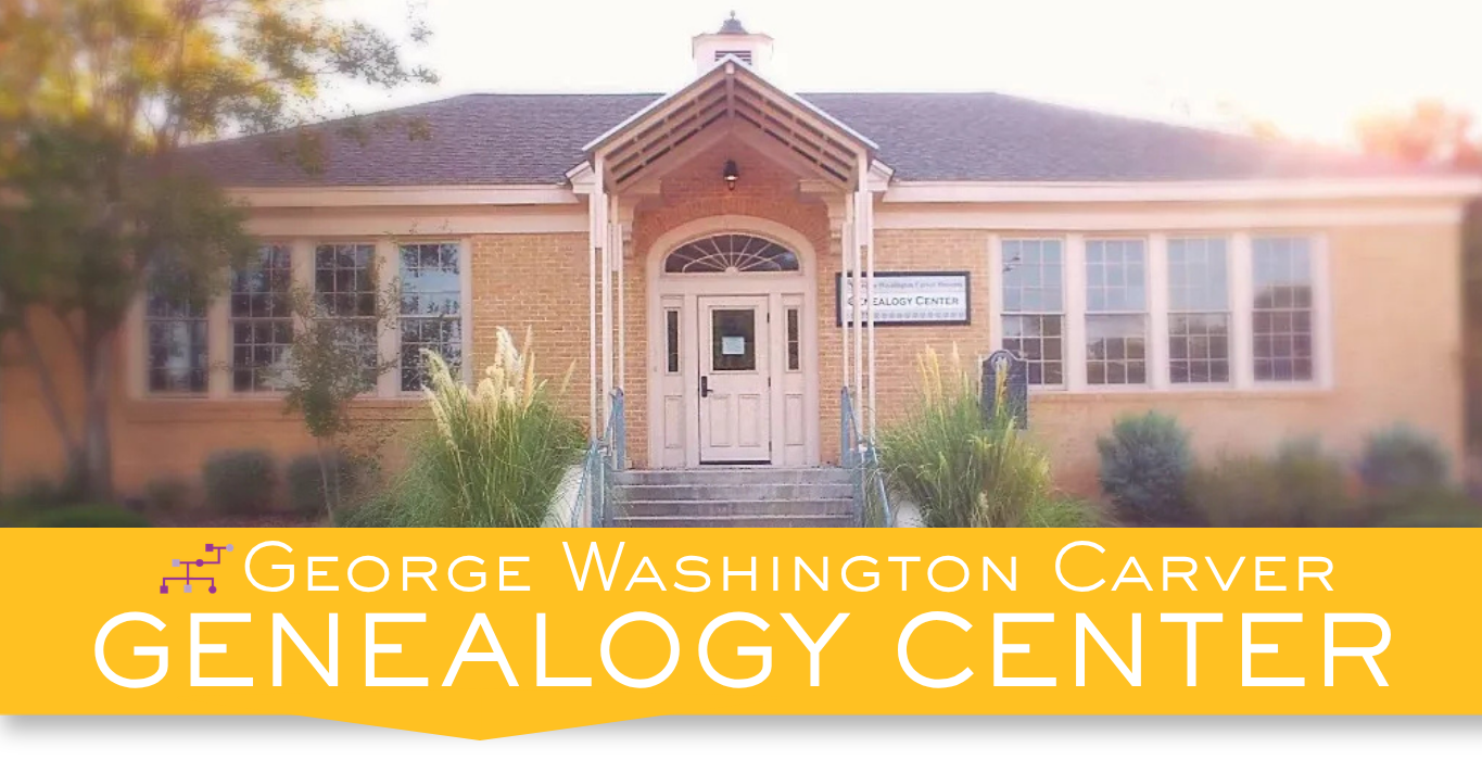 yellow banner with text stating George Washington Carver Genealogy Center