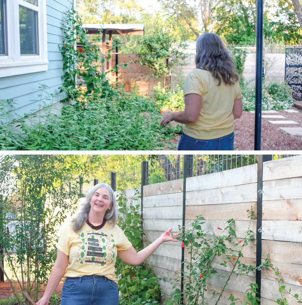 Top to bottom: Colleen walking in her client’s side yard Colleen pointing out one of the flowers in the side garden.