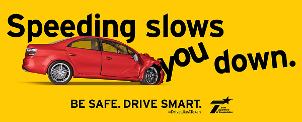 A vehicle crashing into the sentence Speeding Slows You Down