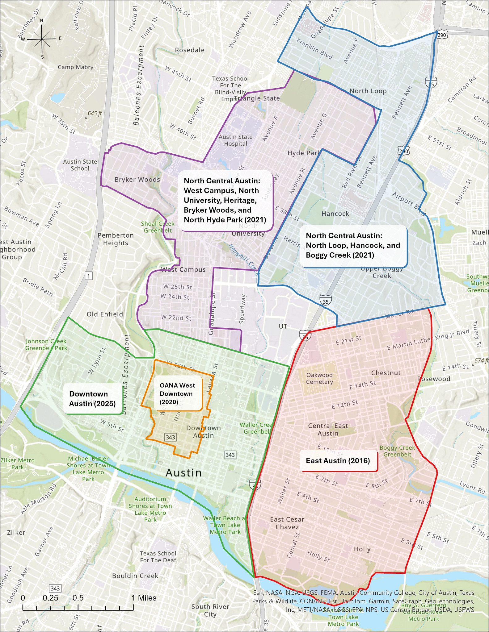 A map of the boundaries of historic resource surveys in central Austin.