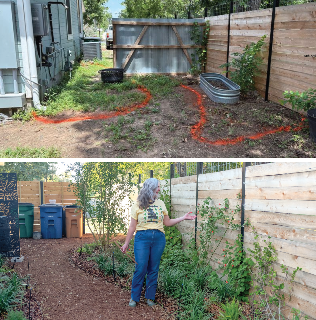 Top to bottom: Before photo of Colleen’s client’s empty side yard Colleen stands in the new side yard, showing off the new plants.