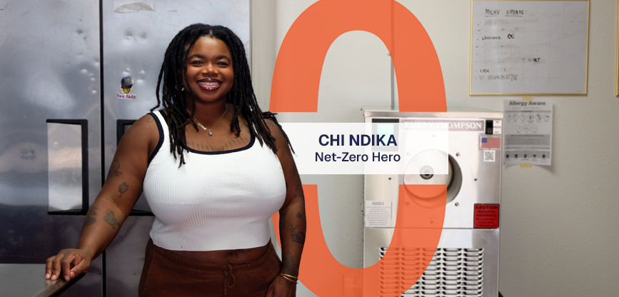 Chi stands in Luv Fats Ice Cream's kitchen, Text reads, Chi Ndika, Net-Zero Hero.