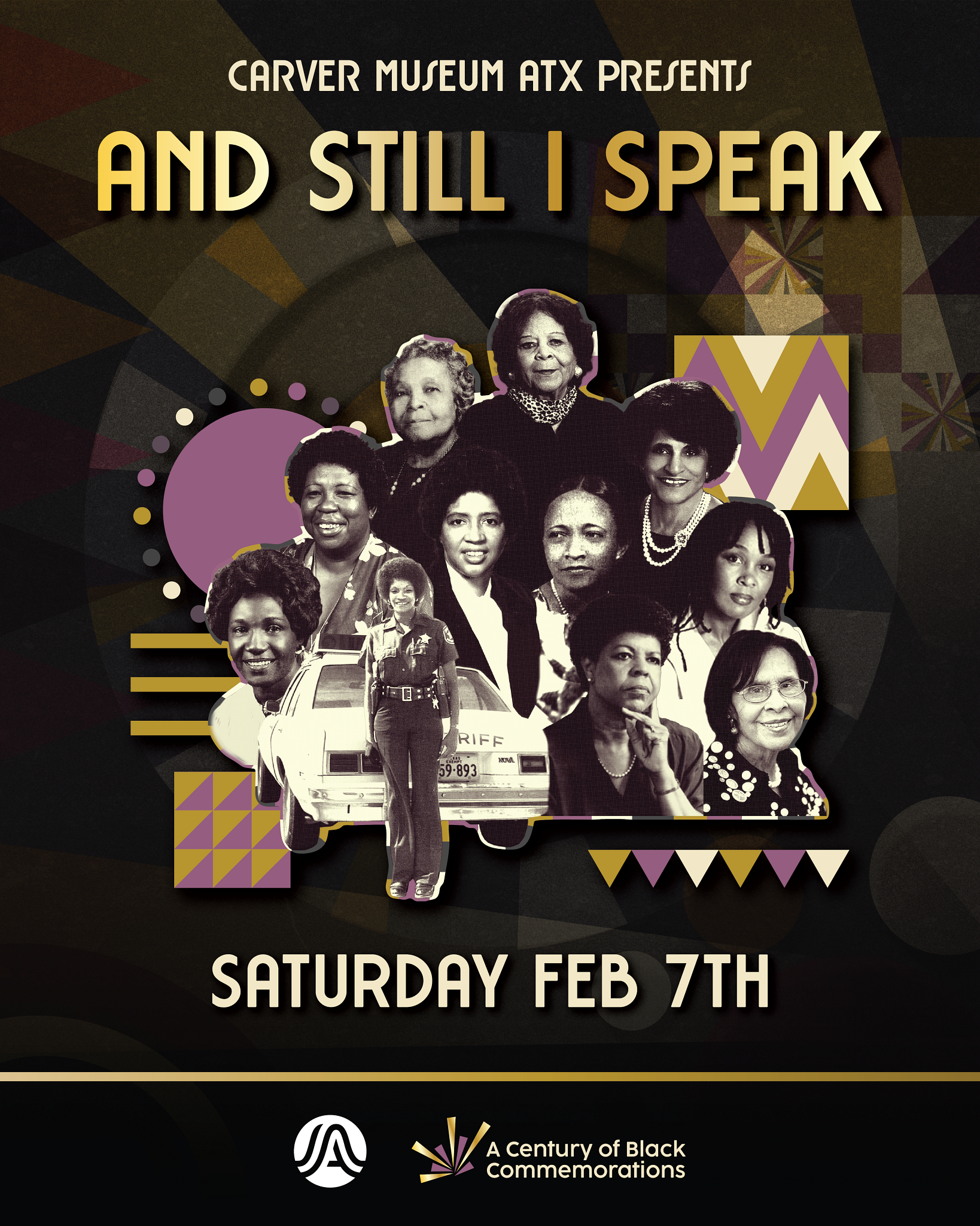 Black, gold, and purple with collage of prominent Black female leaders spanning the last decade