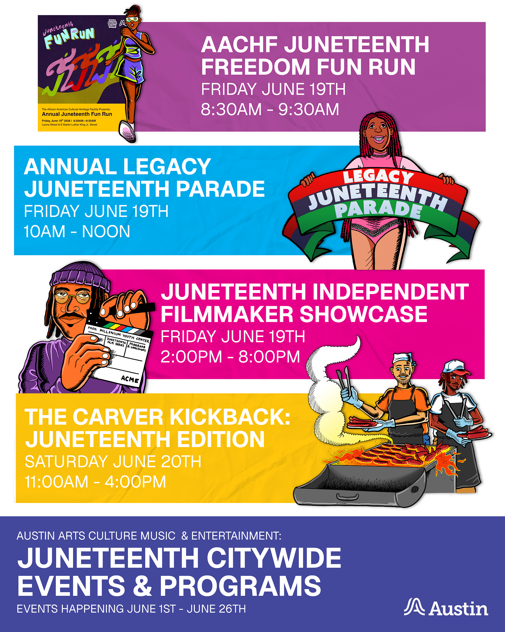 colorful flyer featuring all acme juneteenth events