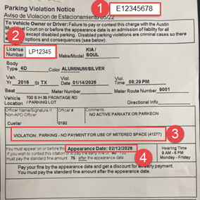Printed rectangular citation with numbered red circles from one to four 1 Citation number 2 License Plate Number 3 Violation 4 Appearance Date