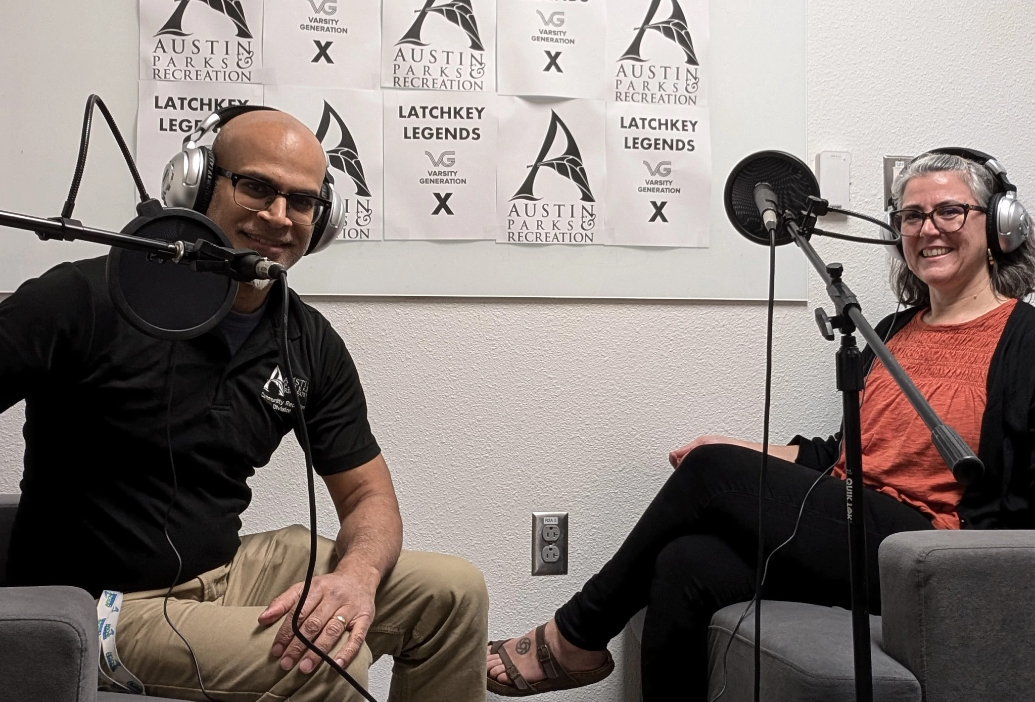 Photo of Karen Browning recording a podcast