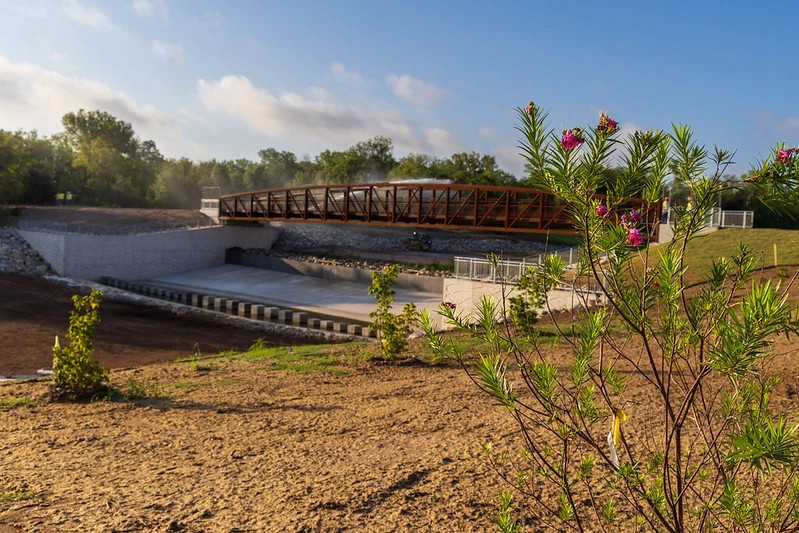 New bridge over creek channel with newly-planted willow tree nearby.