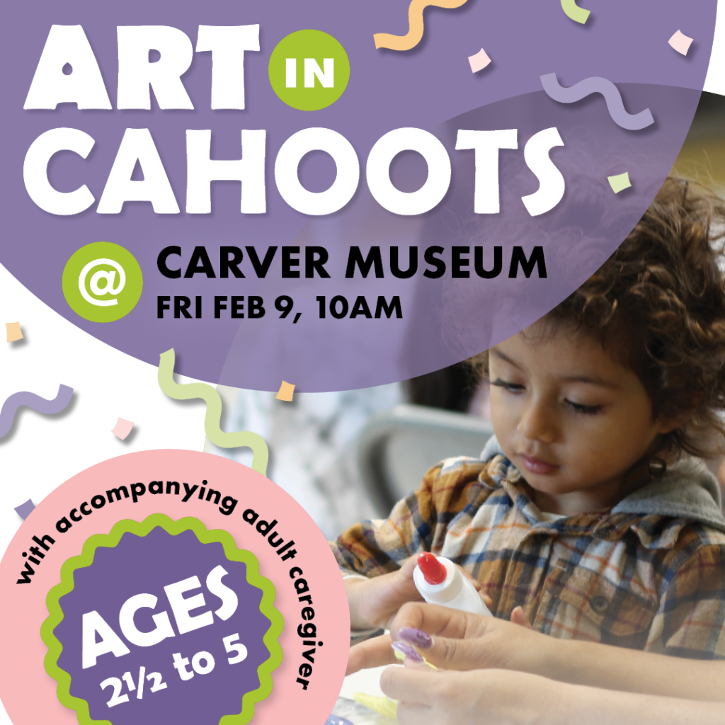 purple graphic with child doing crafts and text reading art in cahoots