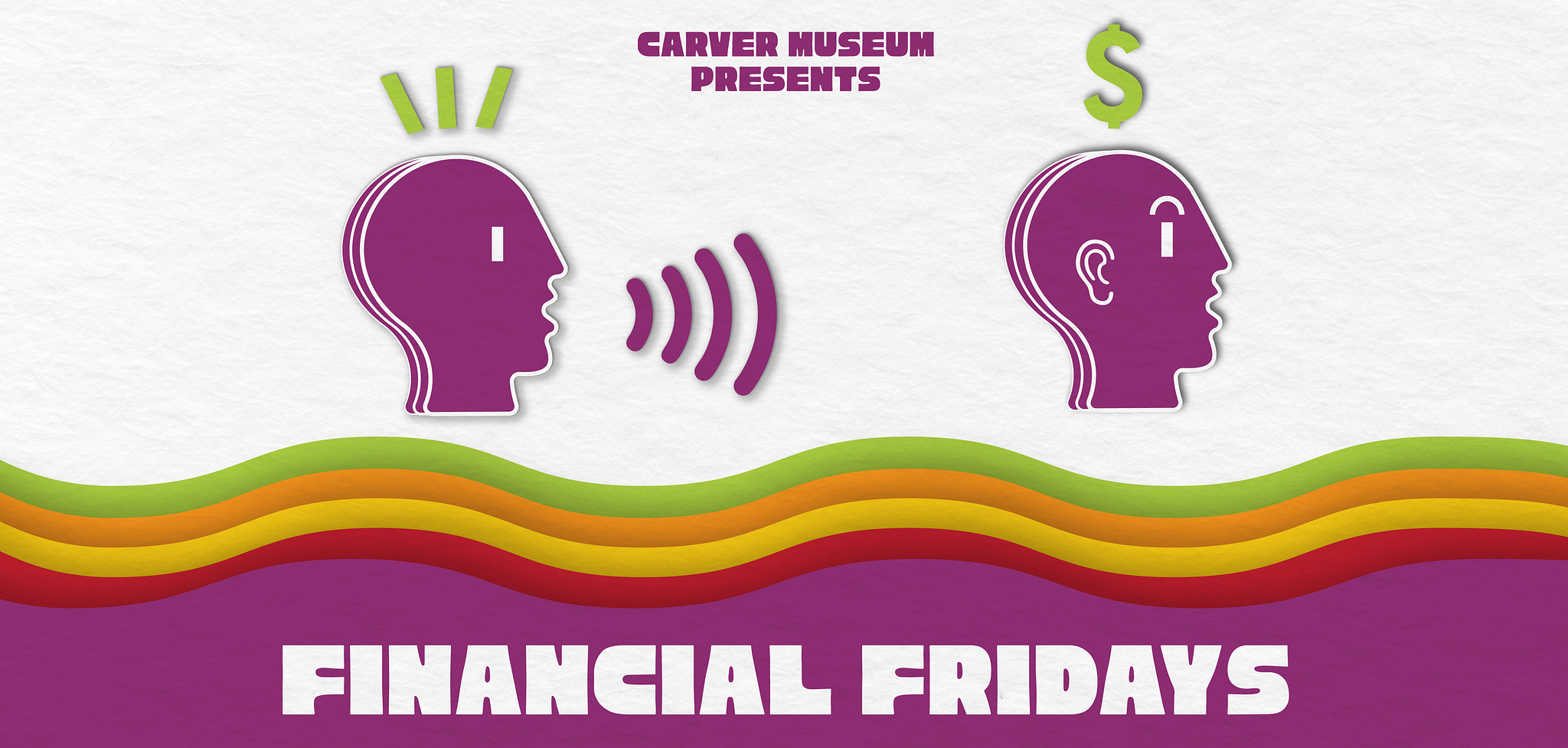 colorful graphic with two heads floating talking about money