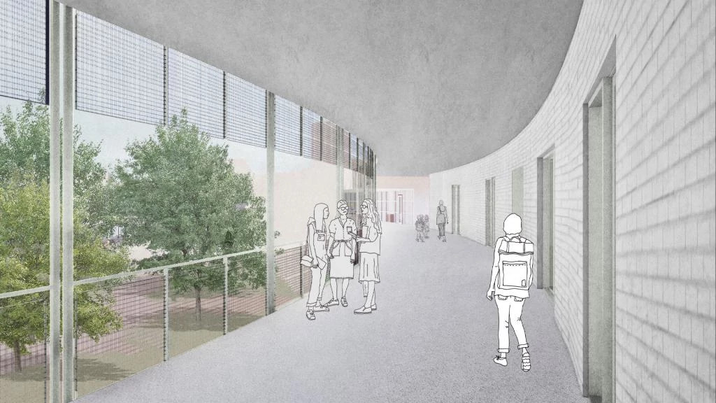 Rendering of people walking through an open air corridor that overlooks a tree filled courtyard