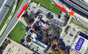 Google map image with arrows showing the access road entrance to the clinic.