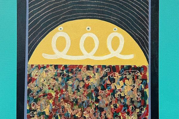 Contemporary painting made up of straight, curved, and circling lines, along with brush strokes of color and a half circle in the center.