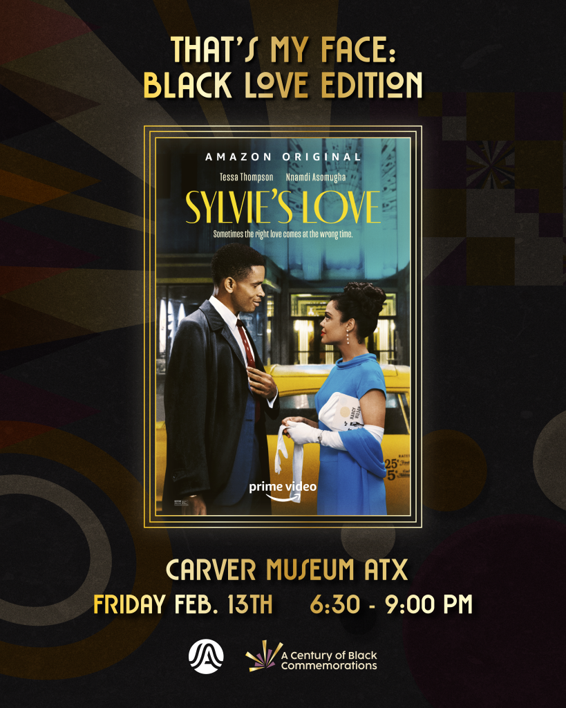 black and gold graphic with film poster art from Sylvie's Love
