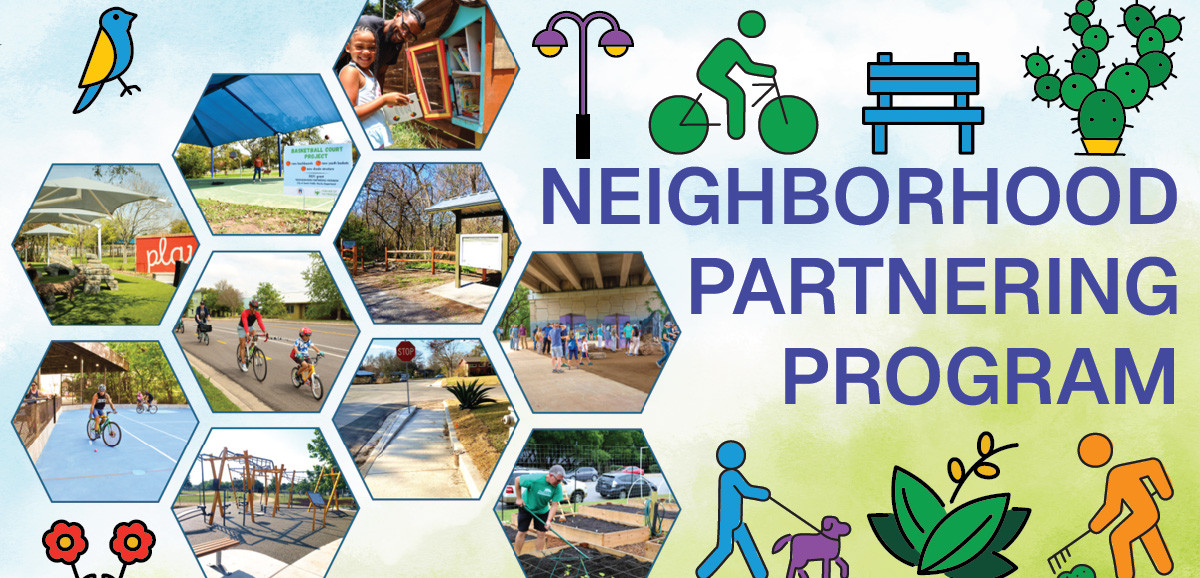 Graphic with the words Neighborhood Partnering Program with a photo collage of people biking, sidewalks, playgrounds and a little free library.