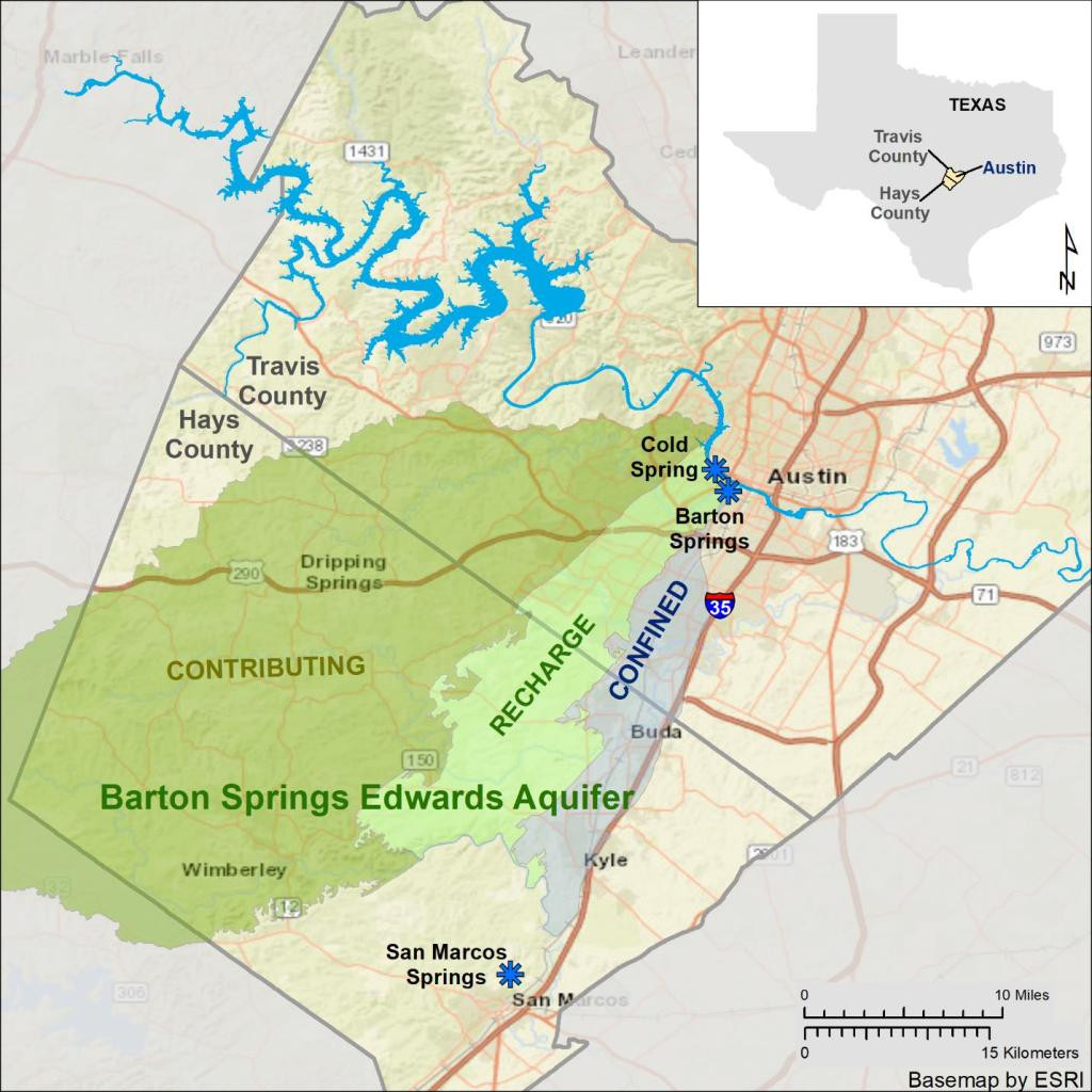 The contributing, recharge and confined zones of the Barton Springs Segment of the Edwards Aquifer cover a wide area of land in Western Travis and Hays County between I-35 and the Colorado River. It includes Buda, Kyle, Wimberley and Dripping Springs.