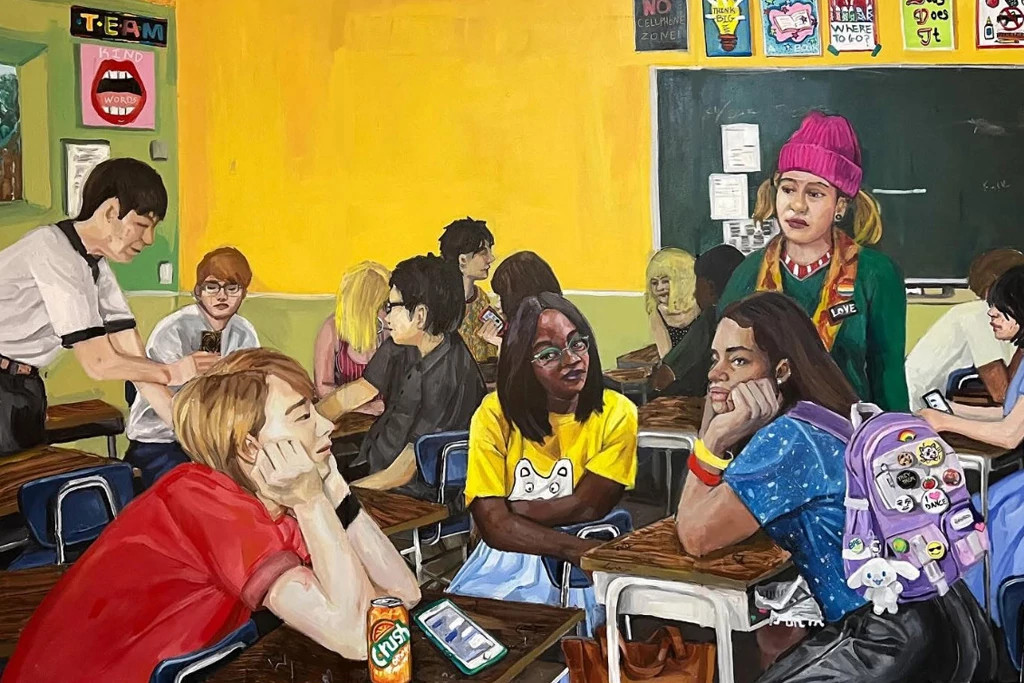 A painting of a classroom with students