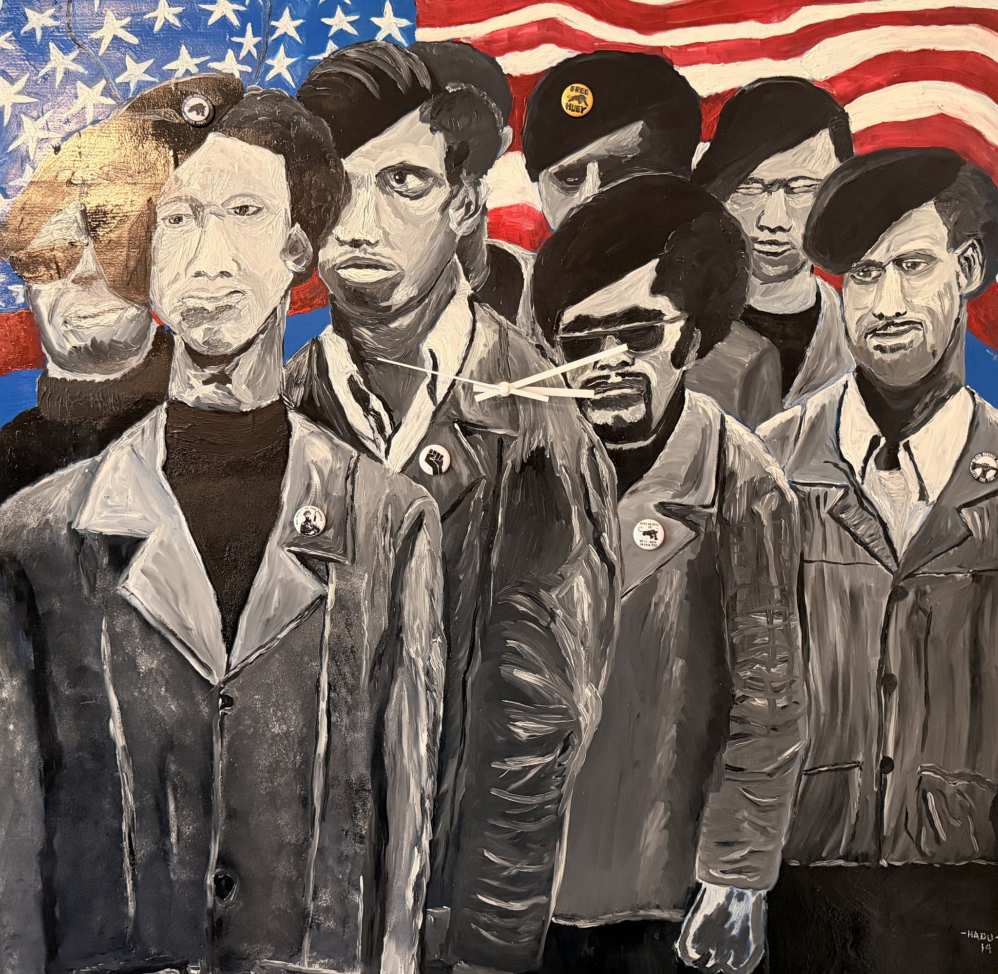 men standing in front of an American flag