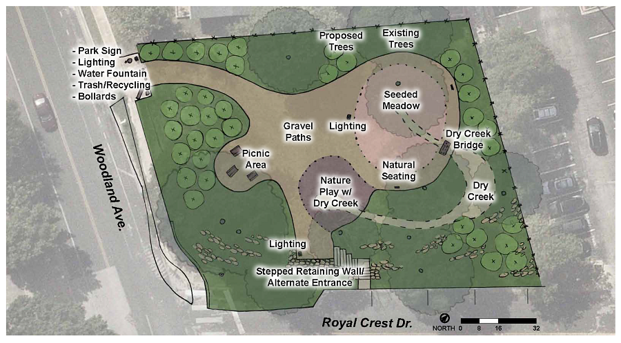 Woodland Park Concept 2 showing entrances at Woodland Ave. and Royal Crest Dr., picnic area, gravel paths, nature play with dry creek, seeded meadow, stepped retaining wall at Royal Crest entrance