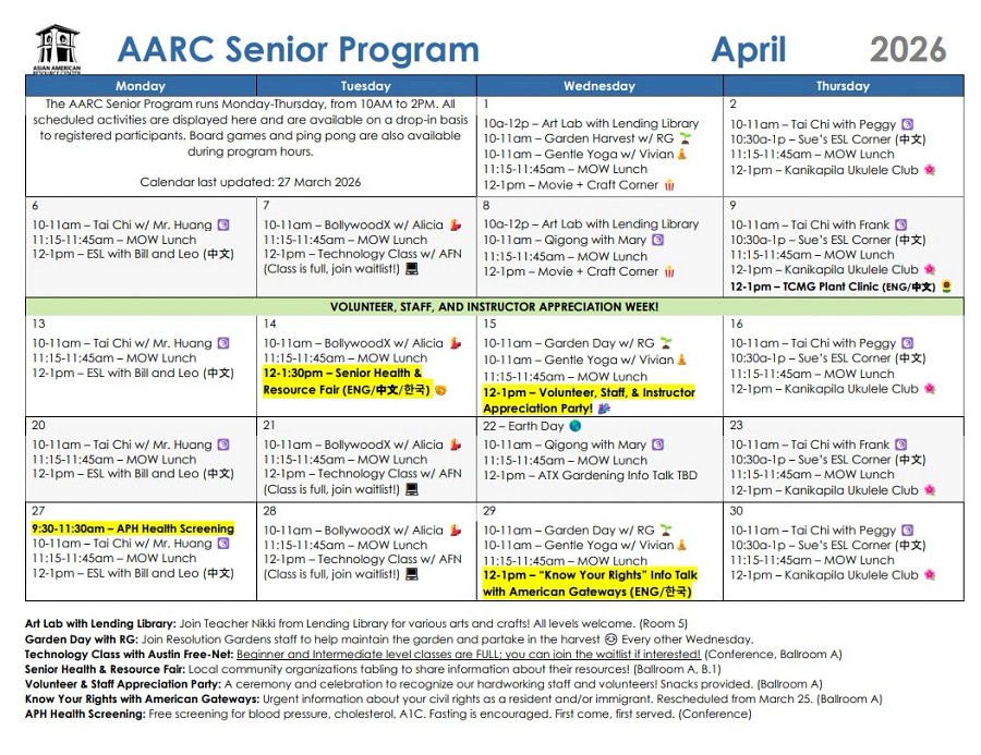 AARC Senior Program April Calendar