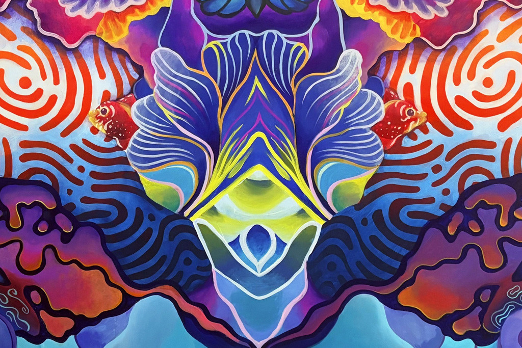 A vibrant abstract artwork with textures and elements reminiscent of things found in nature