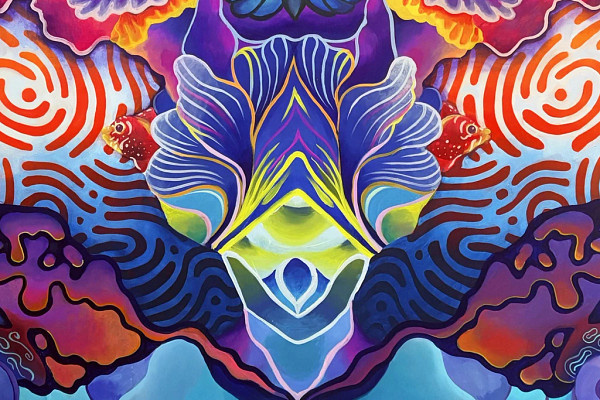 A vibrant abstract artwork with textures and elements reminiscent of things found in nature