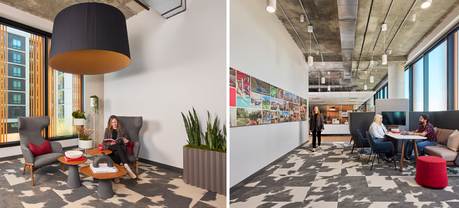 Two photos of employees in Parkhill's Uptown office building.