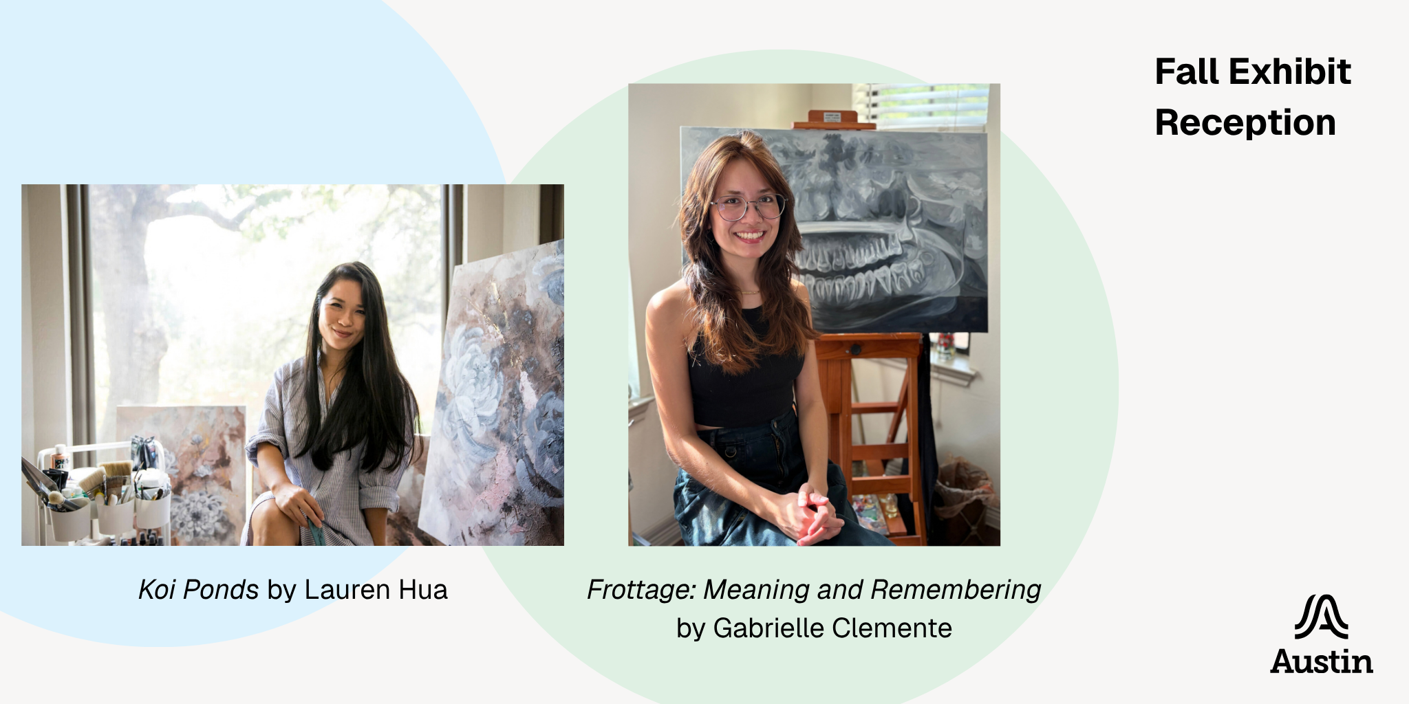 Pictures of artists Lauren Hua and Gabrielle Clemente sitting in front of pieces from their exhibits