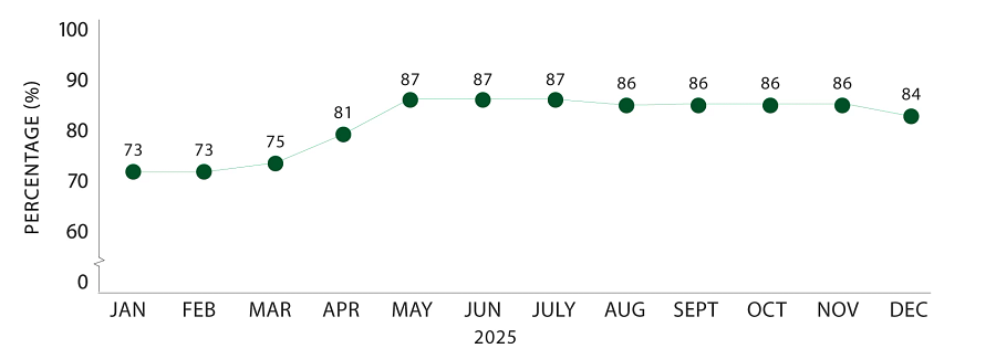 Graph showing percentage of intersections with working detectors by month in 2025.