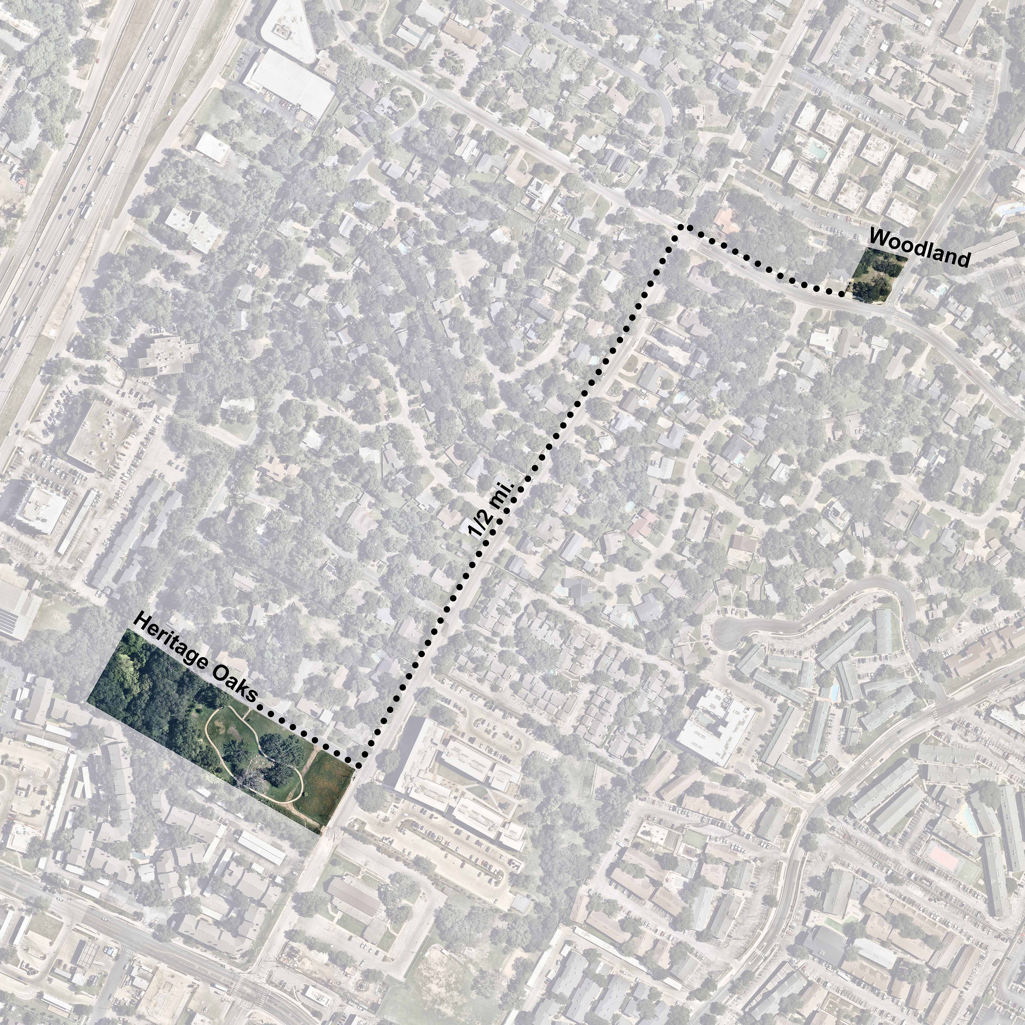 Map showing Heritage Oaks and Woodland parks on a map with a half mile line between the two parks