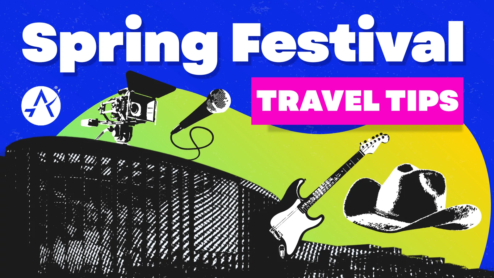 Colorful graphic titled “Spring Festival Travel Tips” featuring Austin-Bergstrom International Airport branding. The design includes festival-themed icons such as a stage light and camera, microphone, electric guitar, and cowboy hat over abstract blue, green, and yellow shapes, representing Austin’s spring music and festival season