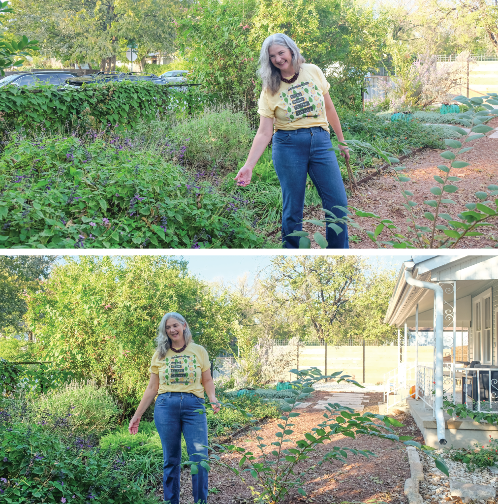 Top to bottom: Colleen stands, smiling, in her client’s front yard that she designed Colleen points out the different types of plants in the yard.