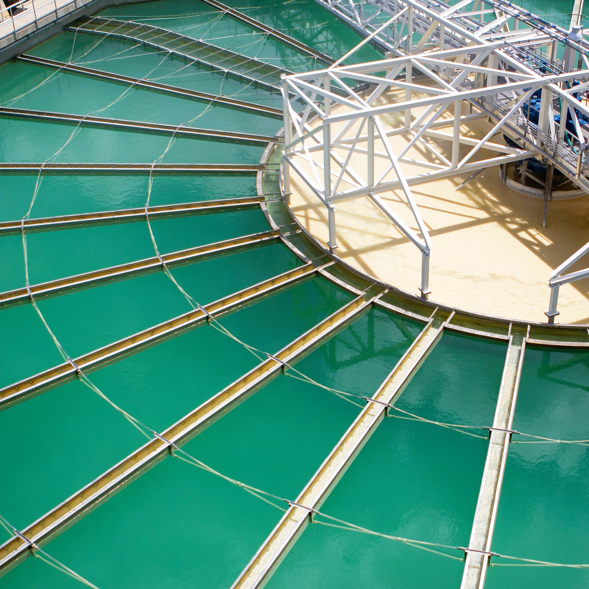 A view of a clarifier tank at Austin Water's Handcox Water Treatment Plant