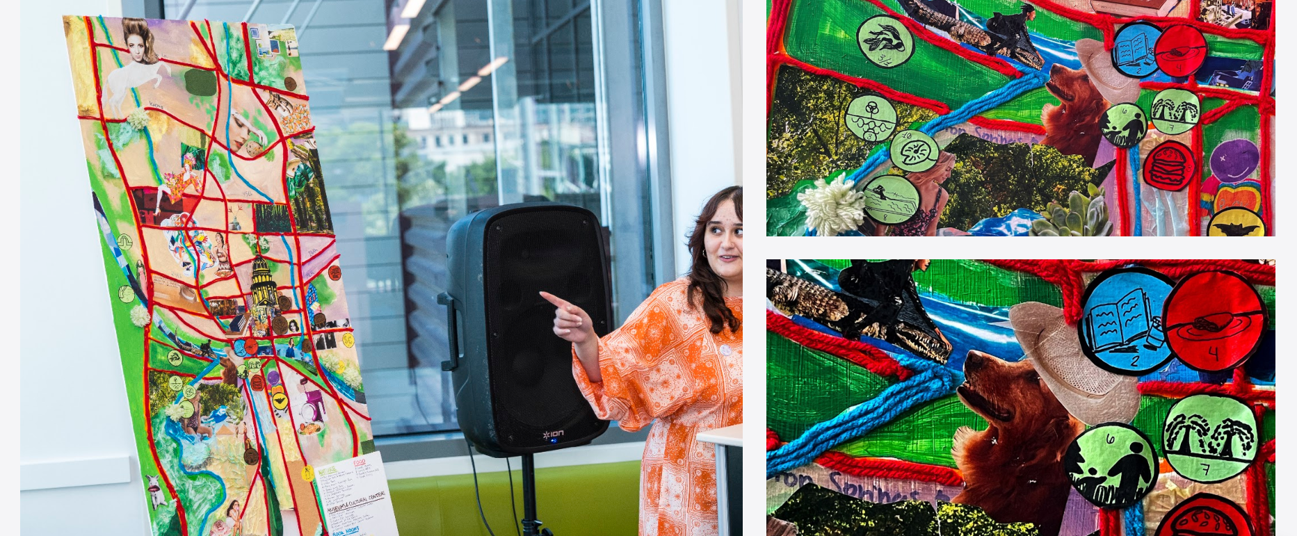 Collage of photos of multi-media sculpture project, including magazine cutouts, yarn, marker, paints, and objects laid out to form a map