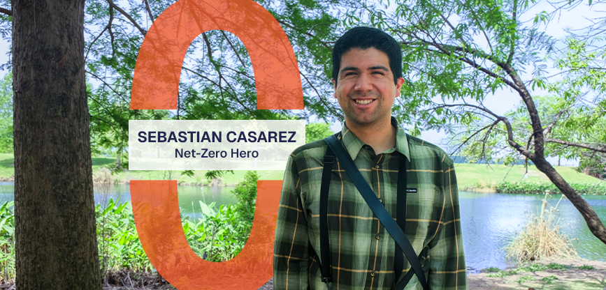 Sebastian stands smiling in front of Mueller Lake with ducks behind him. Text reads, Sebastian Casarez, Net-Zero Hero.
