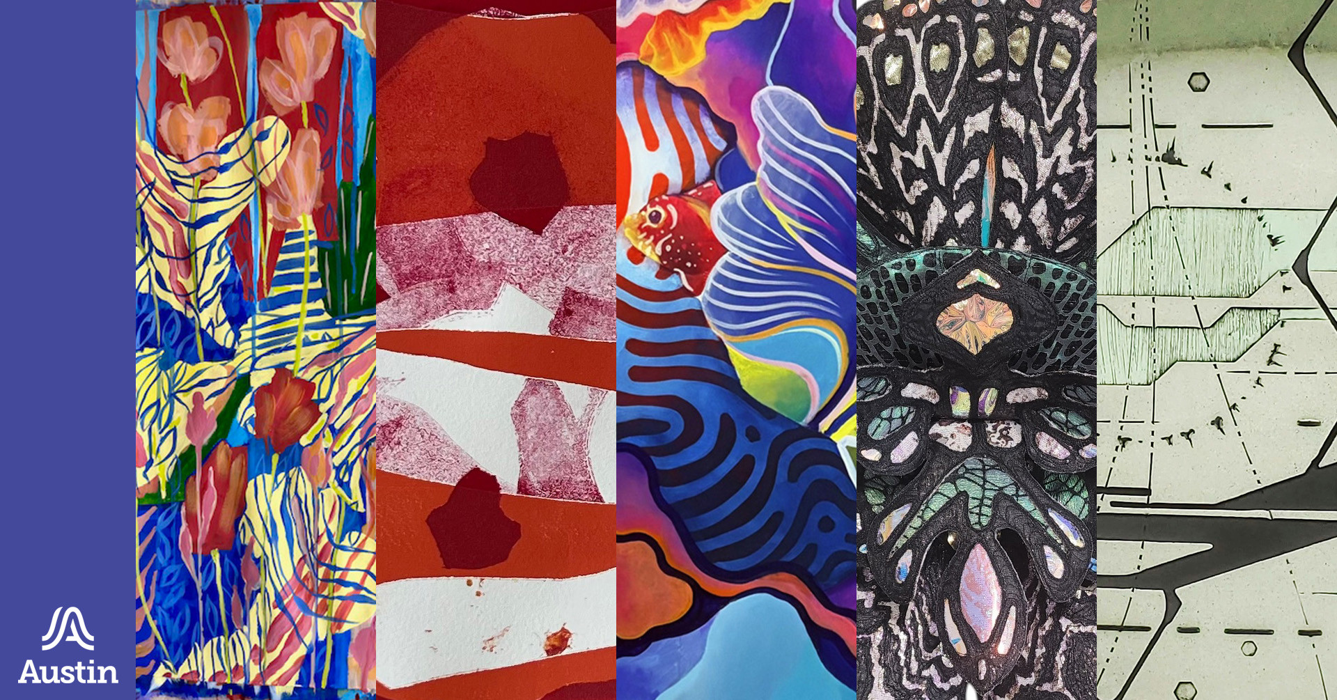A banner graphic made up of five different abstract images of artwork and the Austin A logo.
