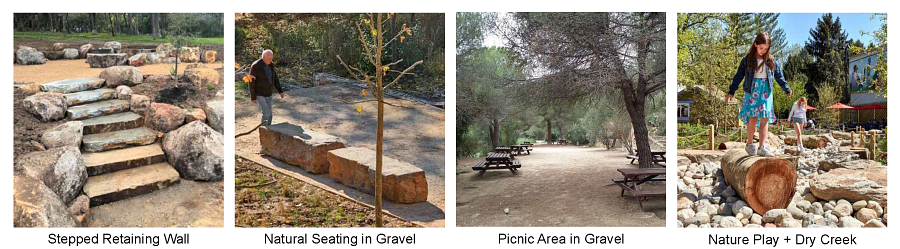 Example images of Woodland Park Concept 2 showing stepped retaining wall, natural seating in gravel, picnic area in gravel, nature play and dry creek