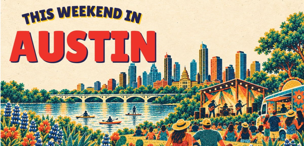 This Weekend in Austin with crowd listening to live music performance and people kayaking on Lady Bird Lake.