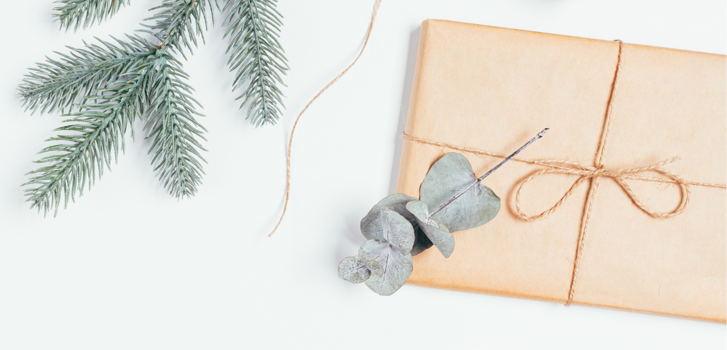 A spruce leaf and a gift package wrapped in simple brown kraft paper and twine.