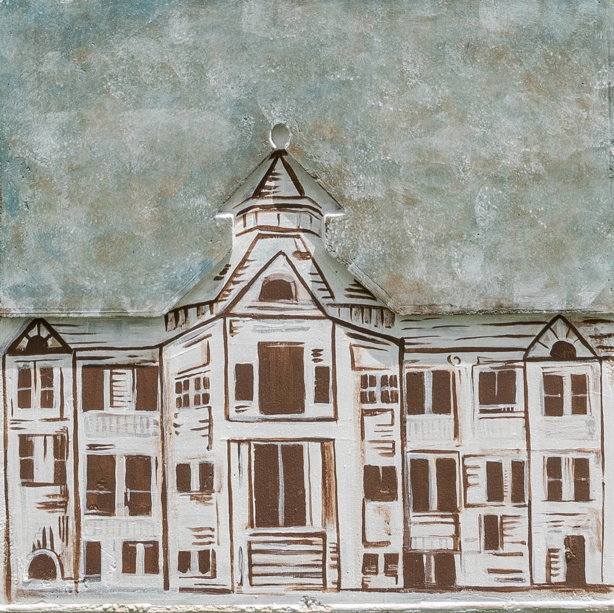 Public artwork, painted detail of the St. John Orphanage on the St. John Pillar.