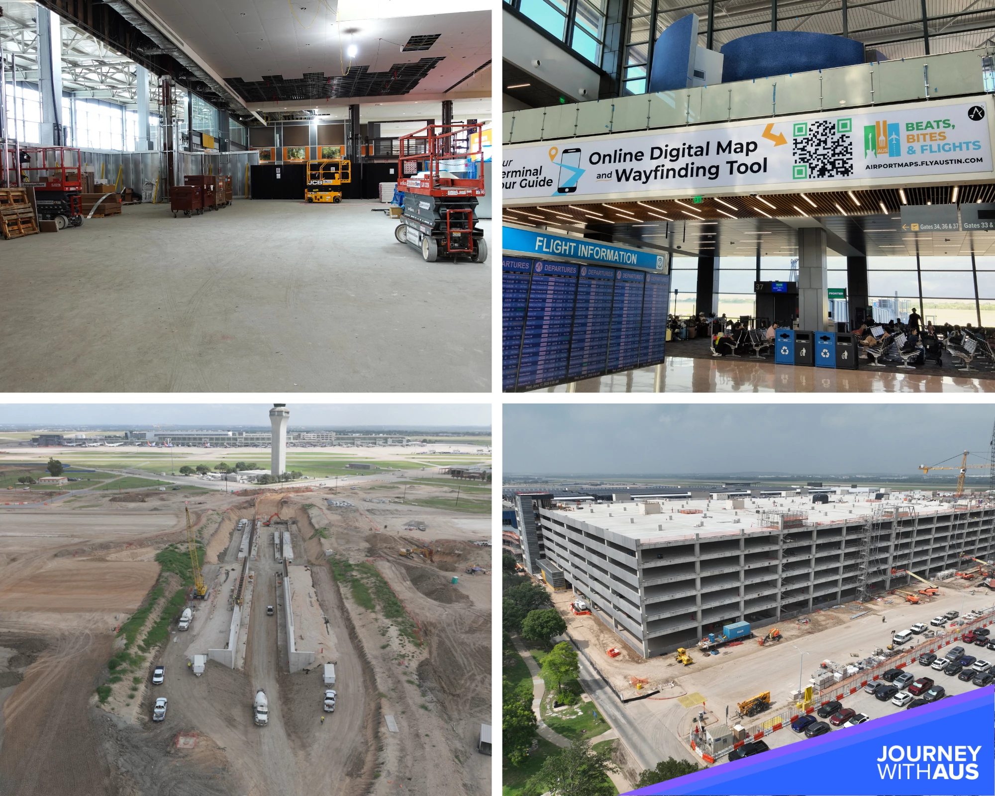 A four panel collage shows construction and development progress at an airport. The top left panel shows an unfinished interior space with exposed ceilings, construction equipment, and large windows. The top right panel shows a completed terminal area.
