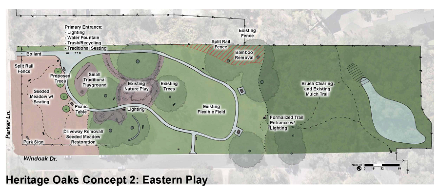 Concept 2 shows split rail fence, seeded meadow with seating, new trees, existing path, formalized trail entrance with lighting to western part and brush clearing and existing mulch trail