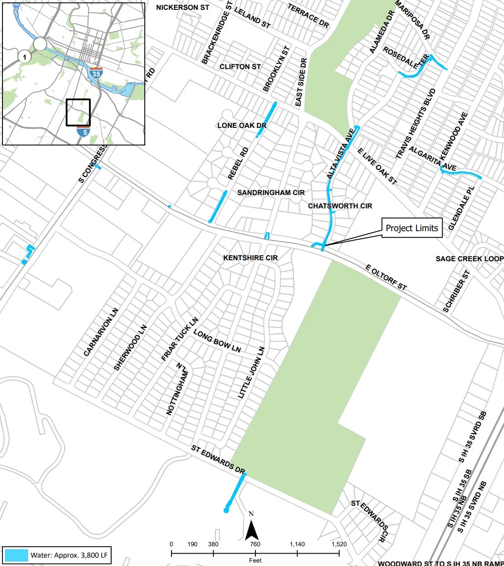 A map of the Oltorf at Travis Heights Pressure Zone Project