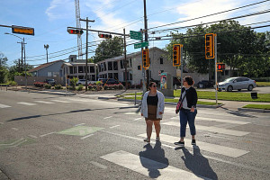 People crossing Manor Road at Anchor Drive.