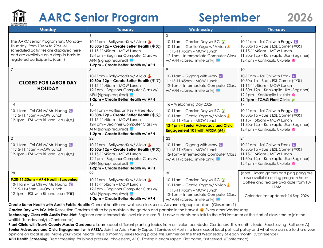 AARC Senior Program calendar for September