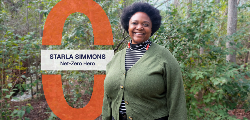 Starla Simmons smiles at the camera. She stands outside in front of greenery. Text reads, Starla Simmons, Net-Zero Hero.