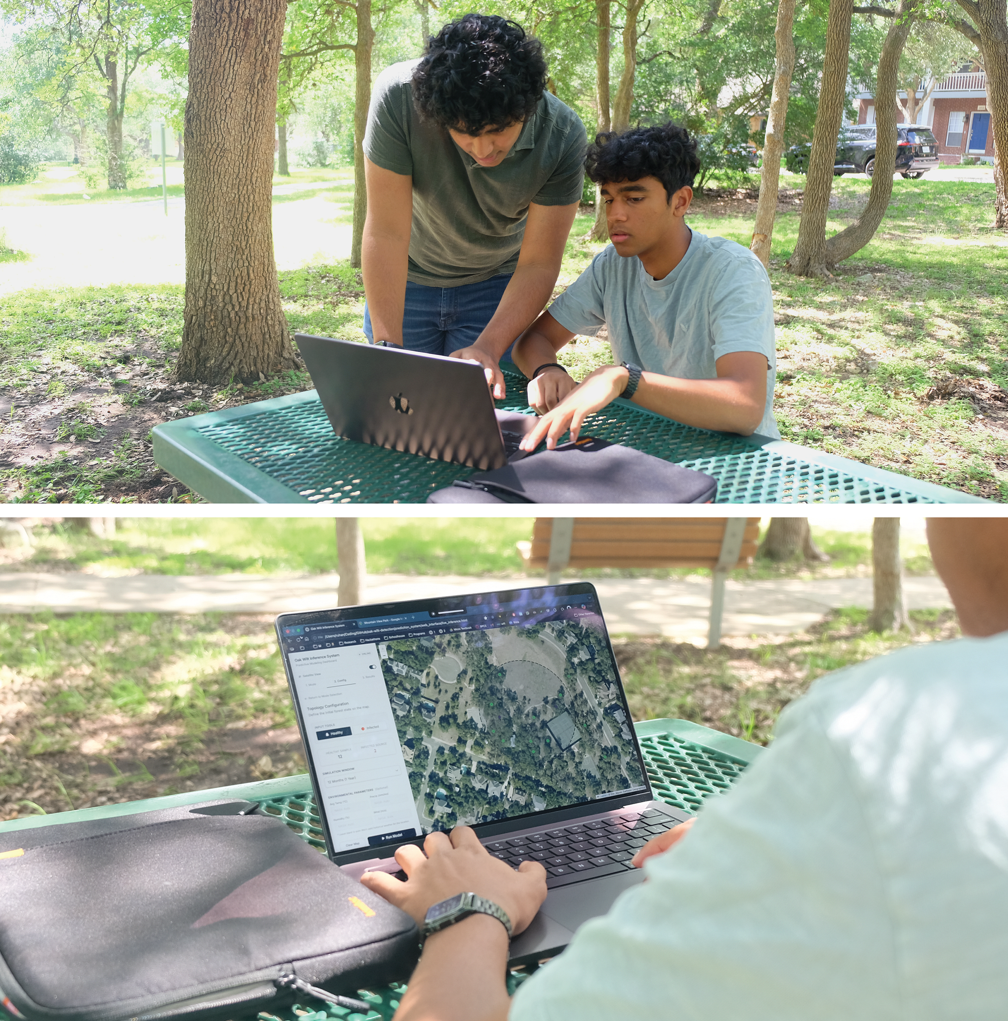 Two photos. On top, Ruhan and Varun sit at a park picnic table and look at WiltCast on a laptop. On the bottom, a close up of the computer screen with the WiltCast app.