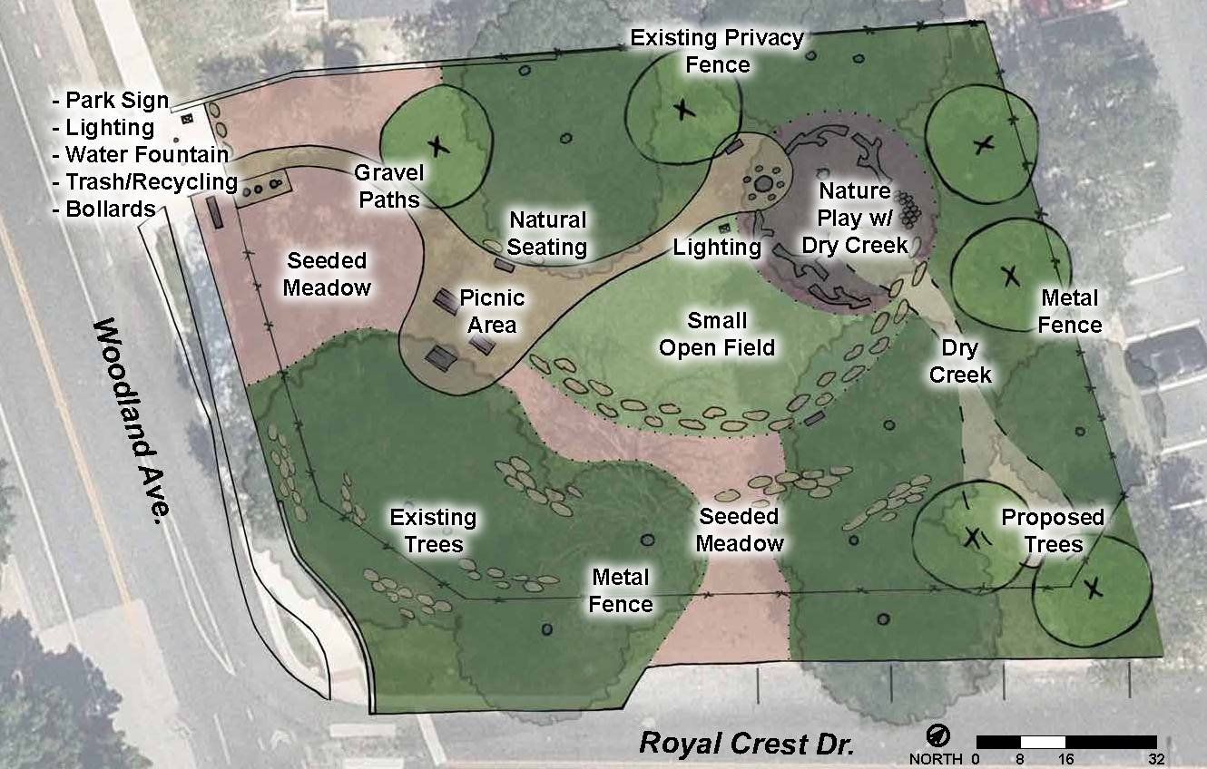 Woodland Pocket Park Final Draft Concept showing drawing of park with existing elements and proposed metal fence, picnic area, natural seating, nature play, and additional amenities mentioned below