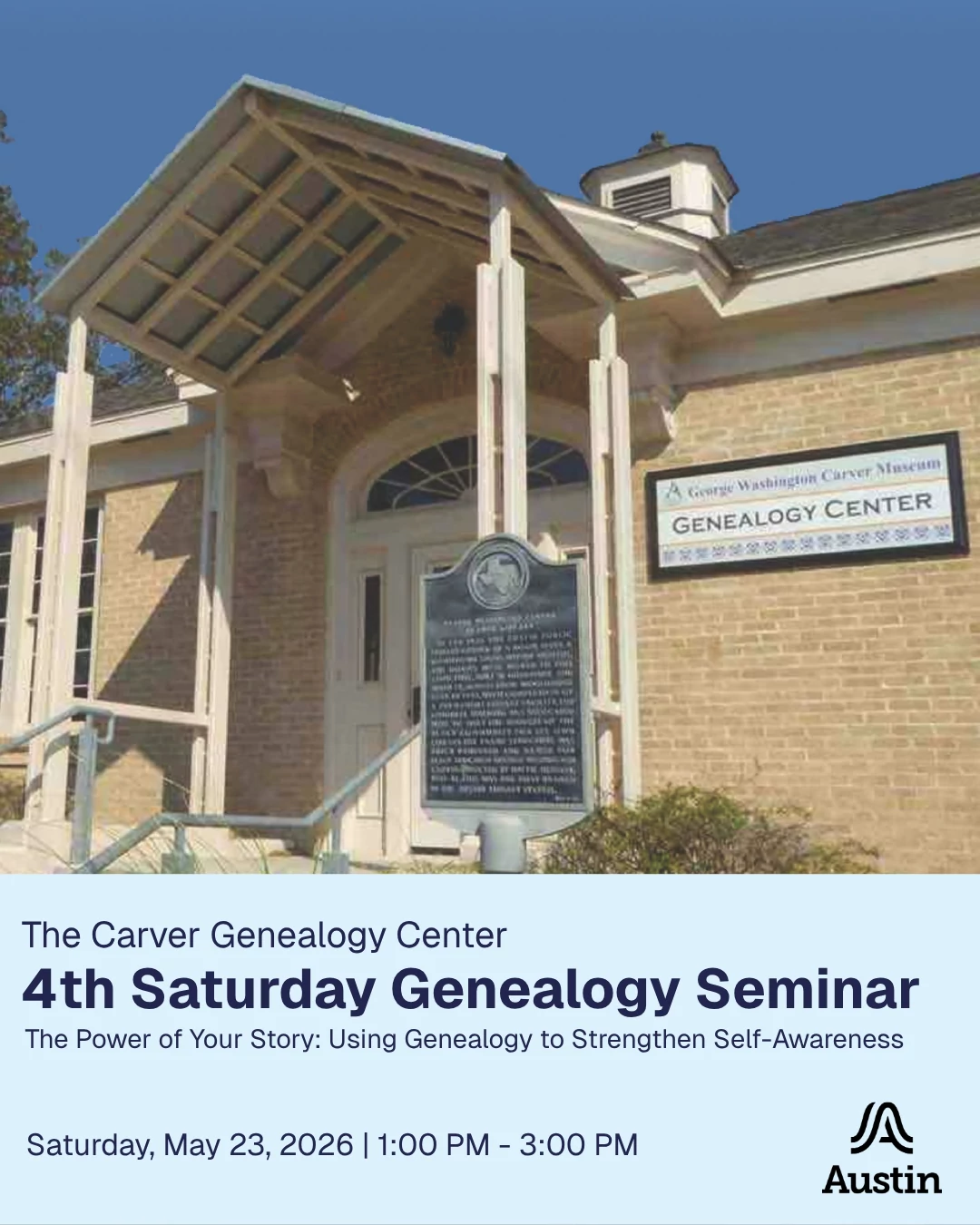 Blue graphic with image of the george washington carver genealogy center and text reading 4th saturday genealogy center may 23 2026 1-3pm